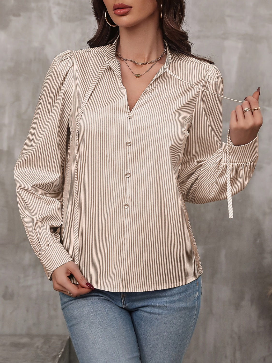 Tied Striped Long Sleeve Blouse  Shop One Place