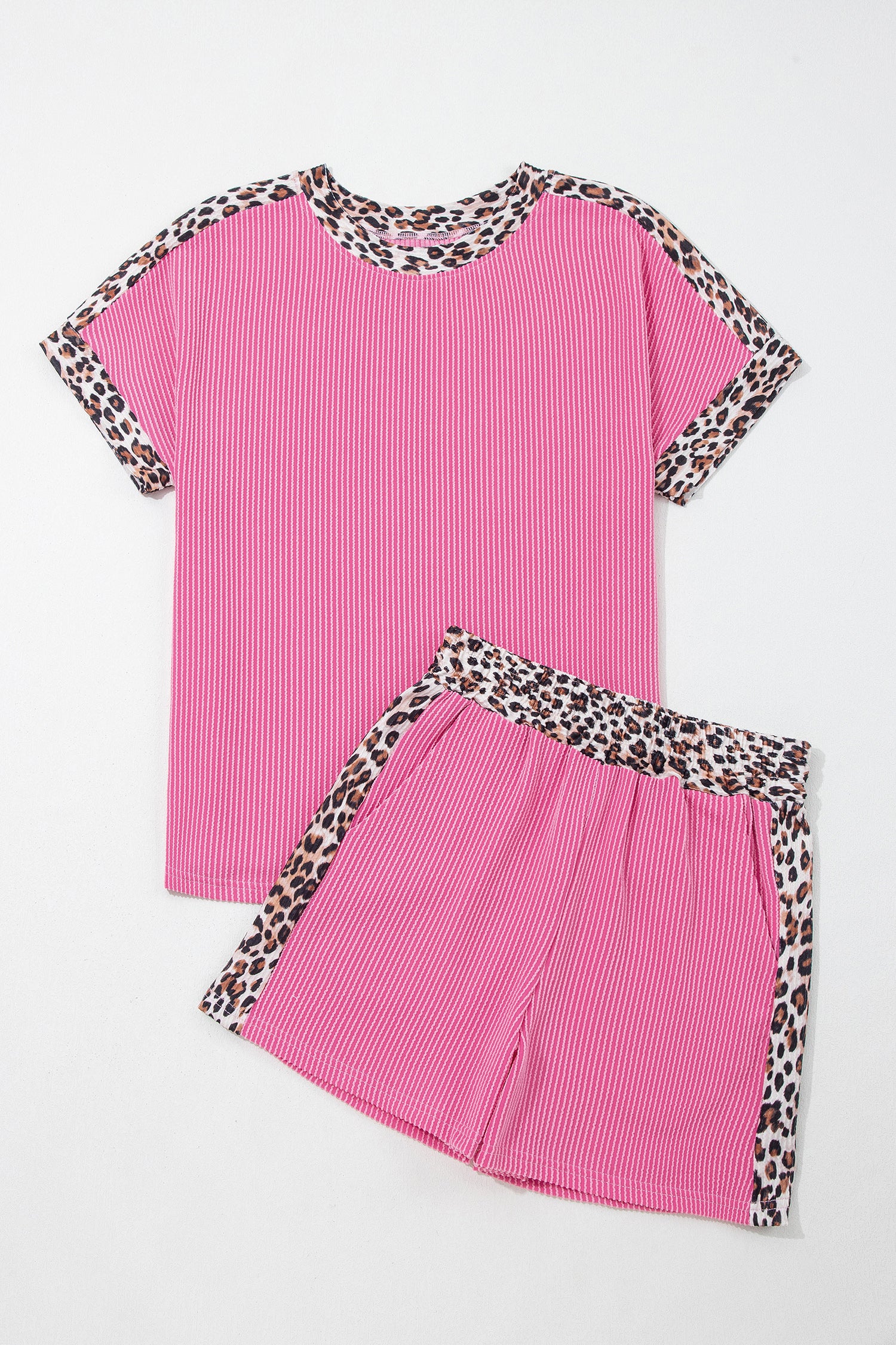 Sky Blue Leopard Trim Twist Ribbed Short Set  Shop One Place