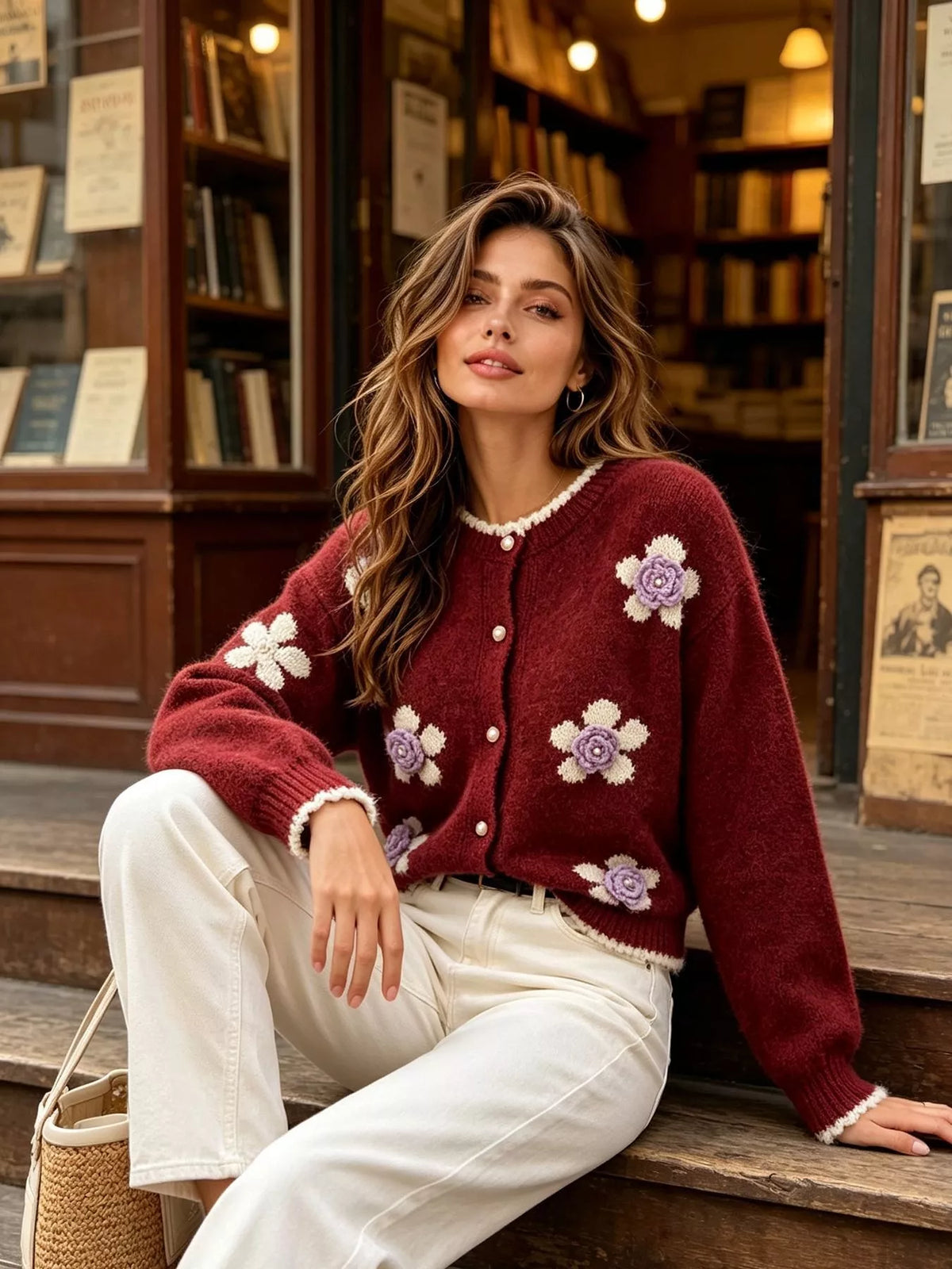Floral Applique Button-Down Knit Cardigan  Shop One Place