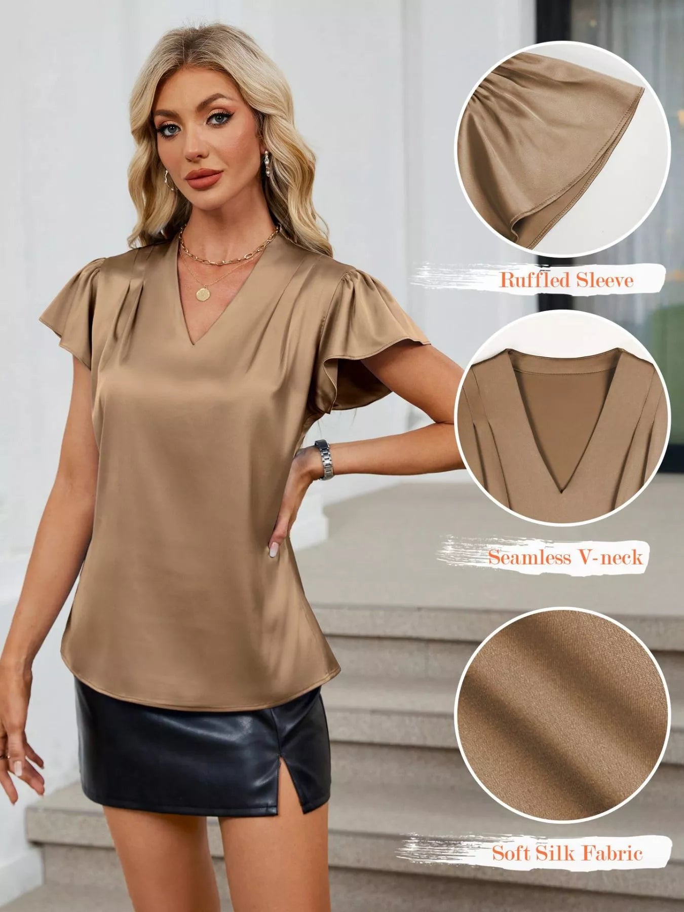 Satin V-Neck Flutter Sleeve Blouse  Shop One Place