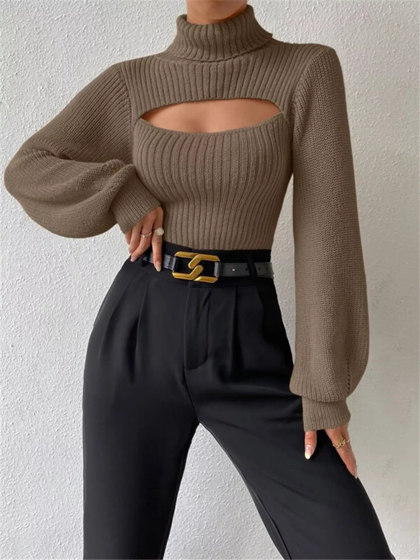 Cutout Front Turtleneck Long Sleeve Sweater  Shop One Place