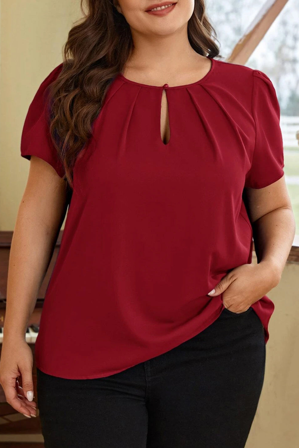 Red Dahlia Keyhole Pleated Crew Neck Plus Size T Shirt