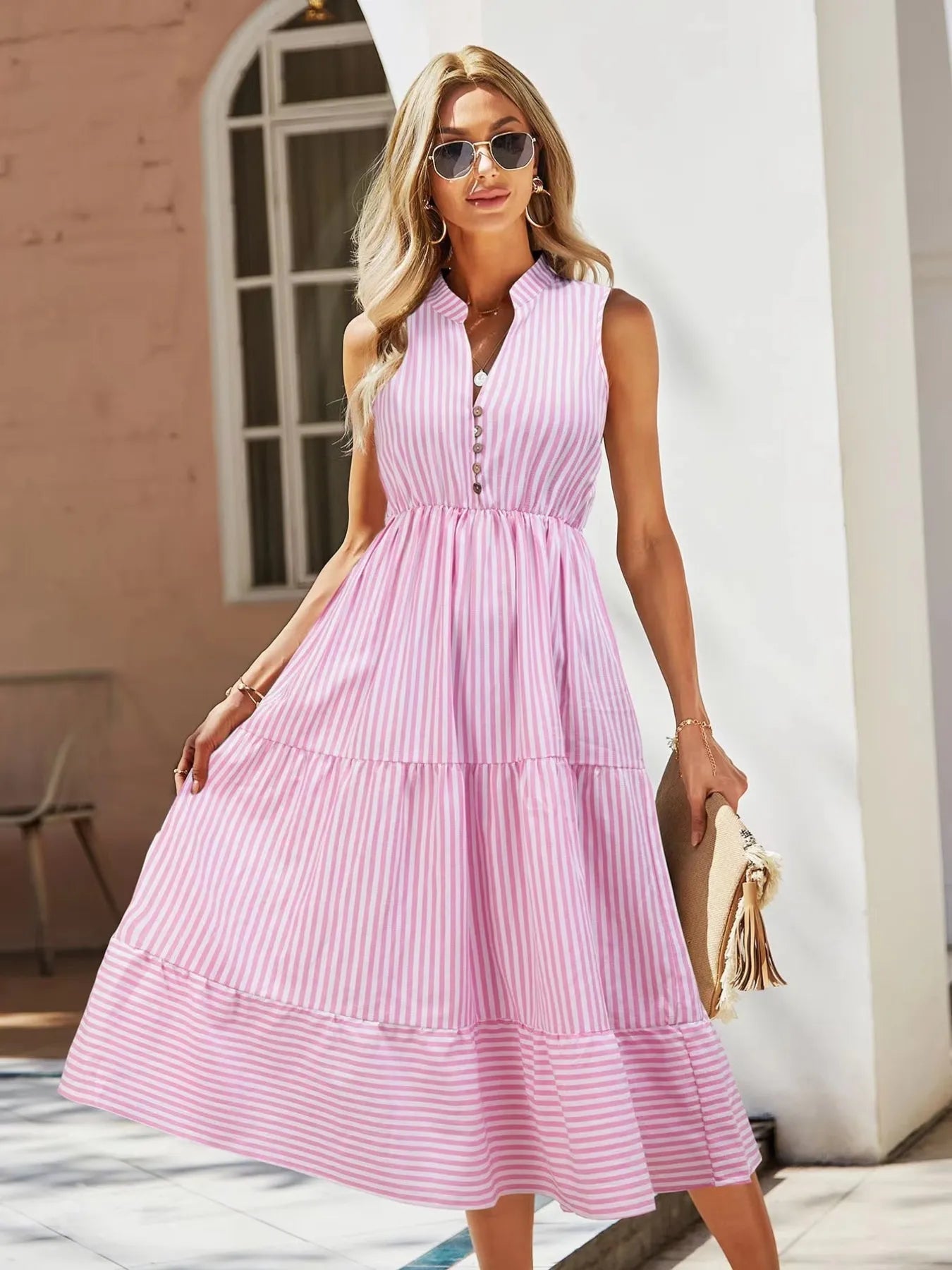 Striped Sleeveless Tiered Midi Dress  Shop One Place