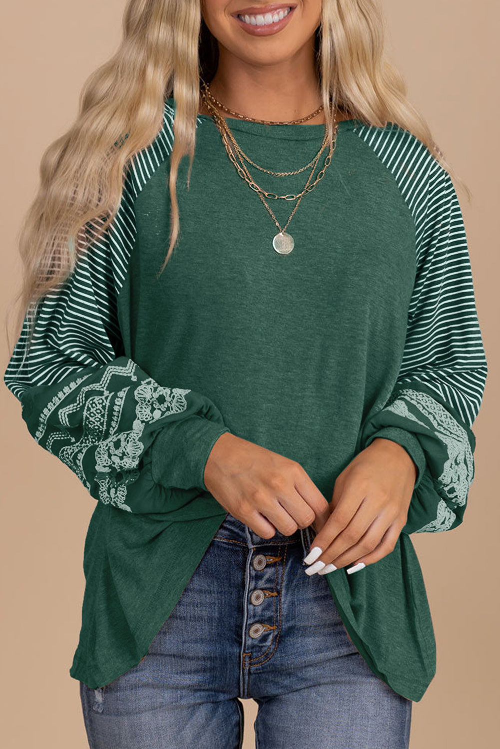 Contrast Print Striped Raglan Long Sleeve Loose Top  Shop One Place