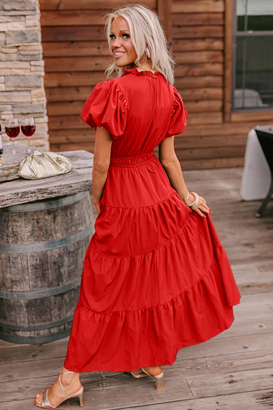Coral Solid Color V Neck Short Puff Sleeve High Waist Tiered Maxi Dress  Shop One Place