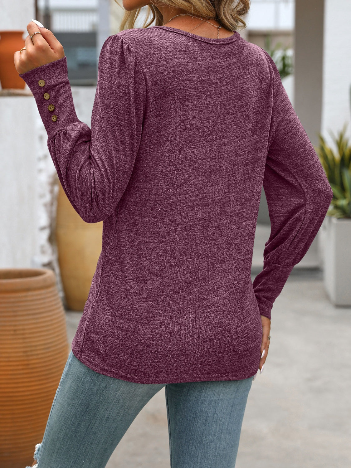 Decorative Button Round Neck Long Sleeve T-Shirt  Shop One Place