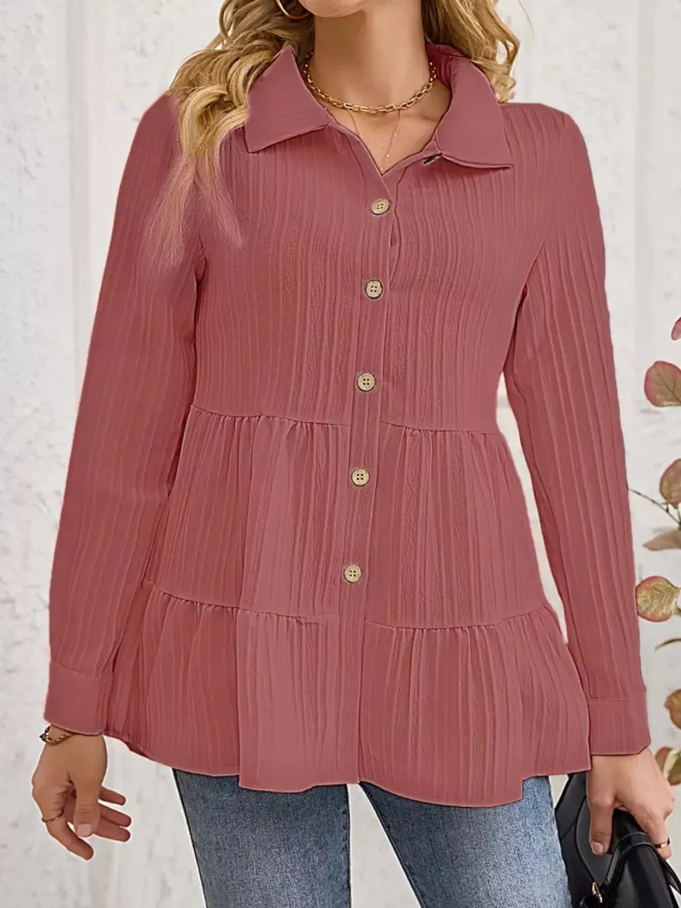 Button-Down Long Sleeve Tiered Shirt  Shop One Place