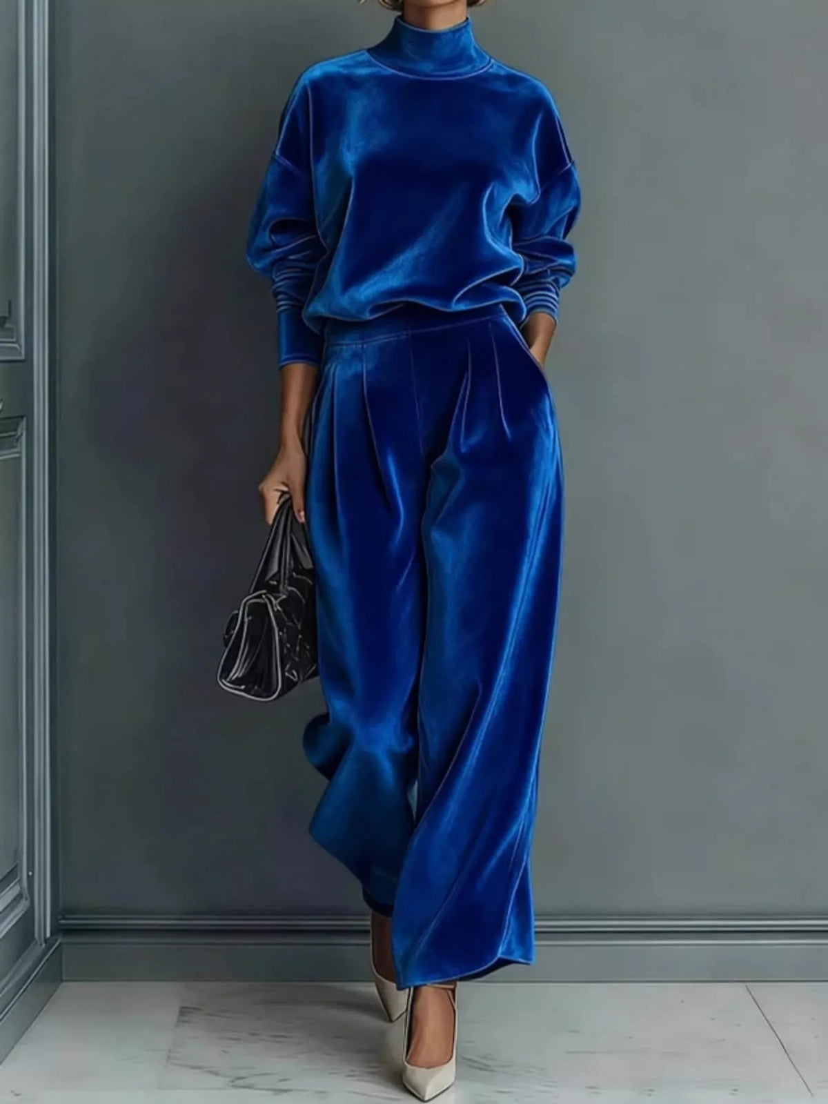 Women's Velvet Mock Neck Top & Wide-Leg Pants Set – view 3