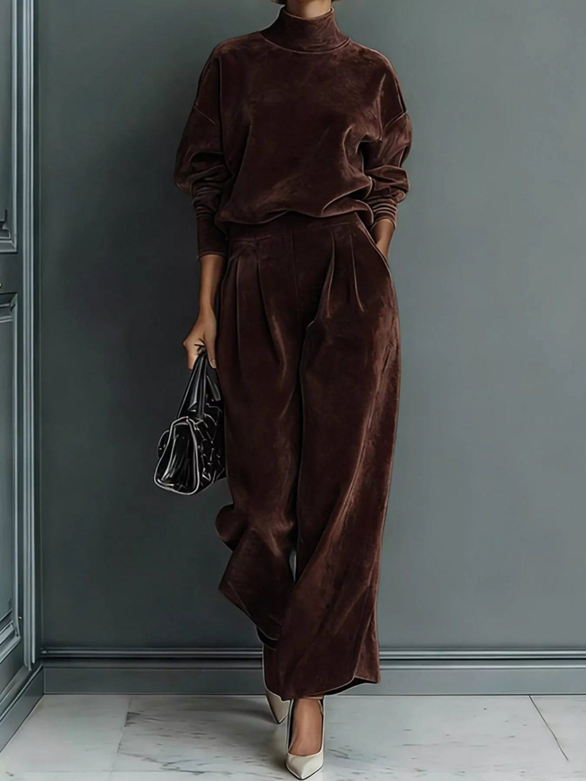 Women's Velvet Mock Neck Top & Wide-Leg Pants Set – view 11