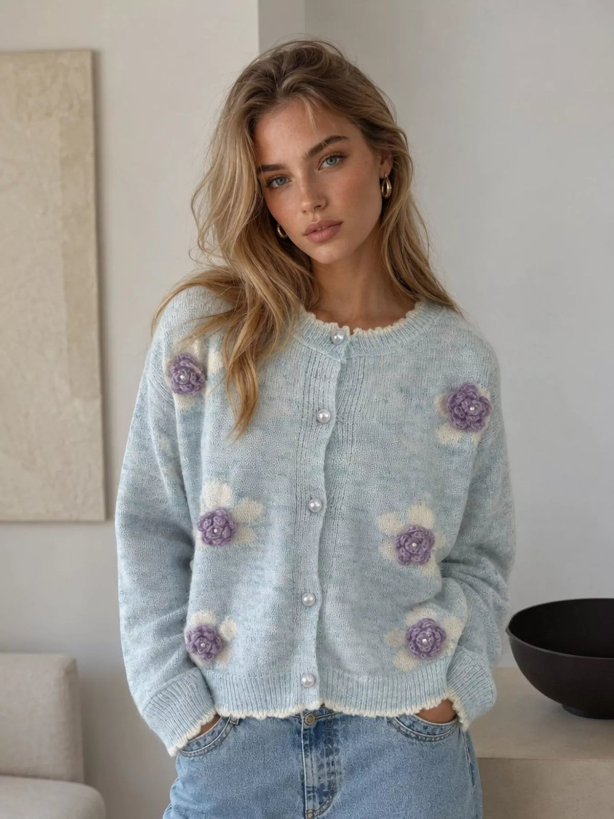 Floral Applique Button-Down Knit Cardigan  Shop One Place