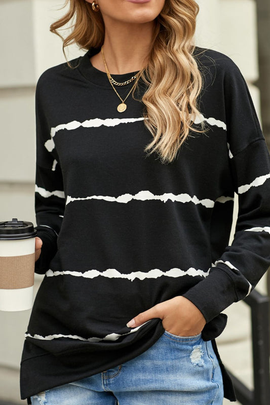 Slit Contrast Striped Round Neck Long Sleeve T-Shirt  Shop One Place