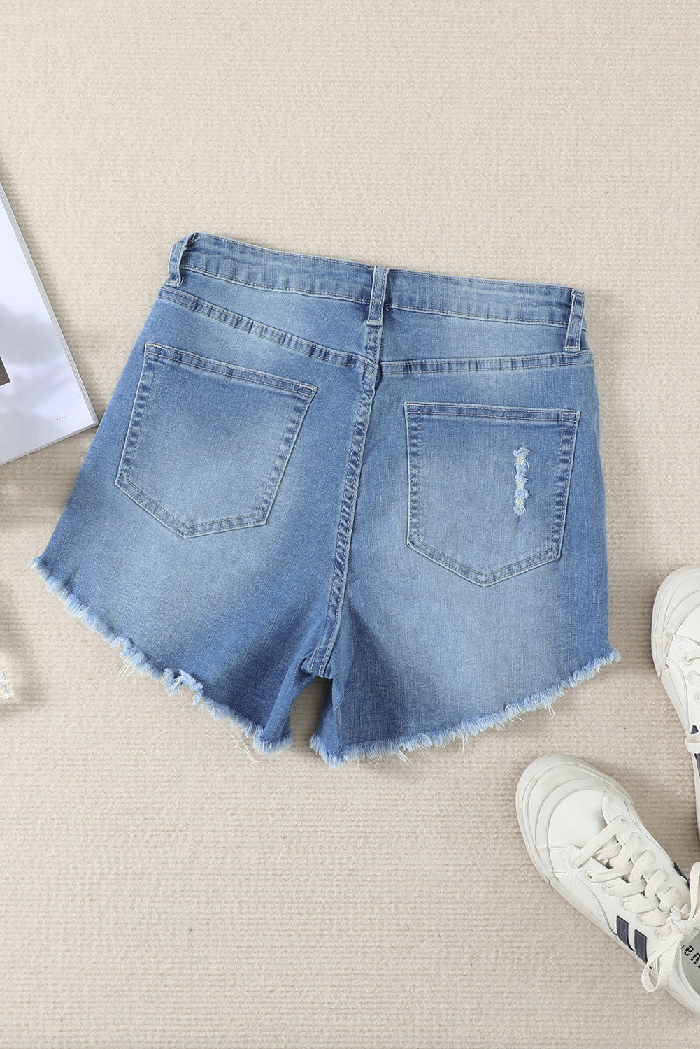 Dark Blue Casual Frayed Hem Denim Shorts