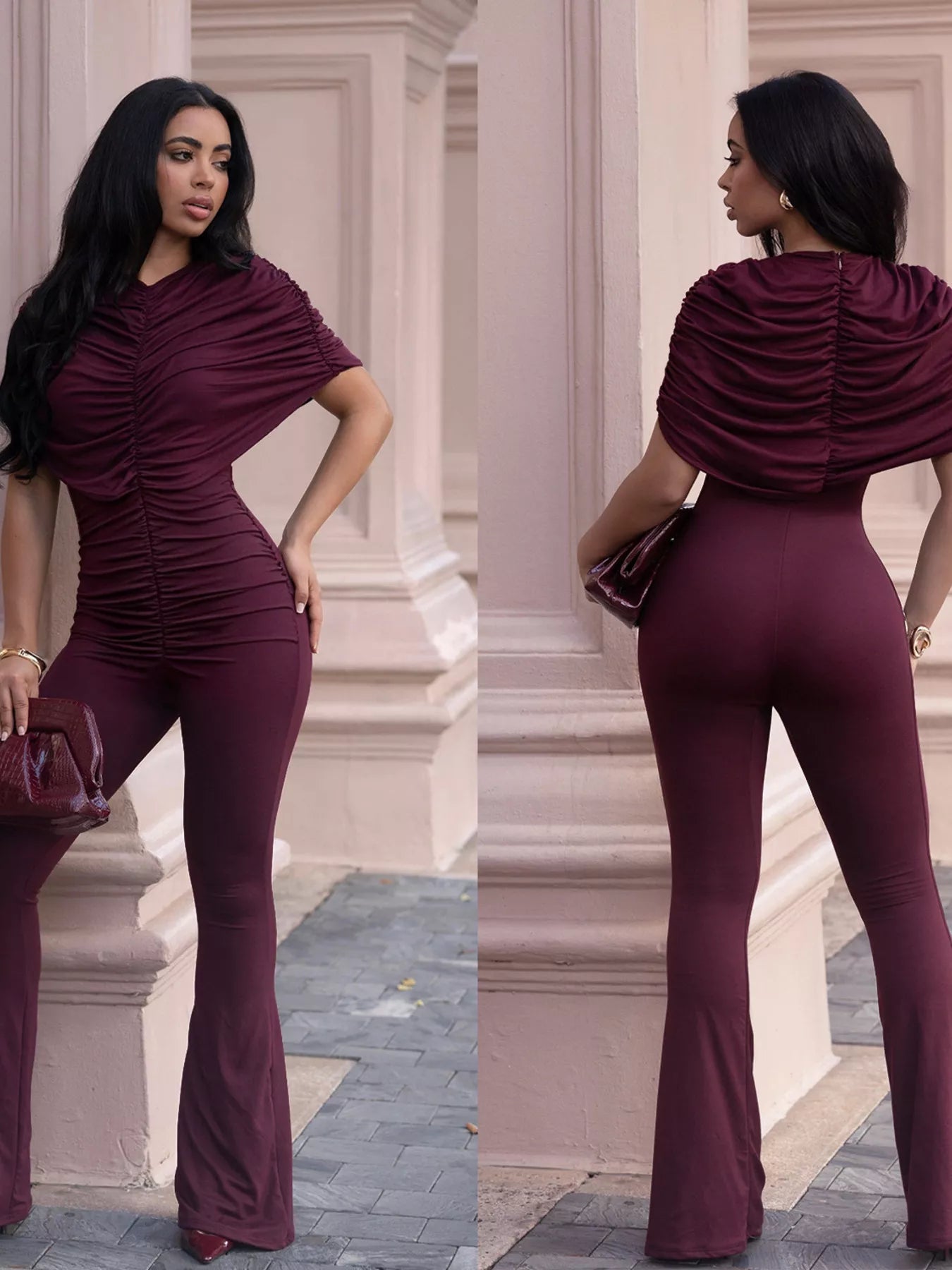 Ruched Flare Leg Jumpsuit  Shop One Place
