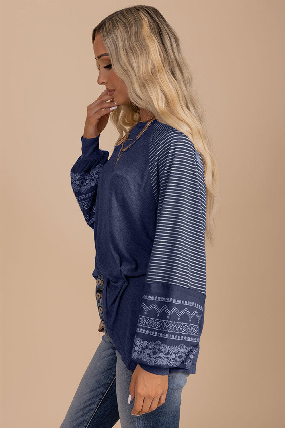 Contrast Print Striped Raglan Long Sleeve Loose Top  Shop One Place