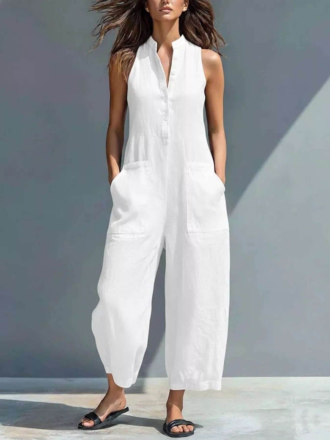 Full Size Button Front Sleeveless Jumpsuit Plus Size  Shop One Place