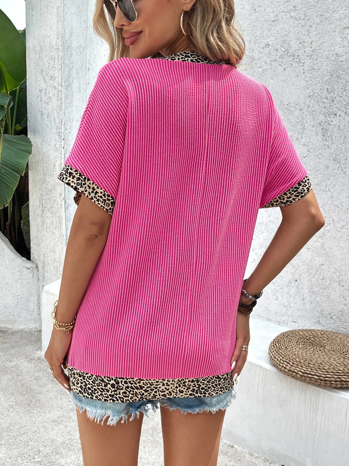 Leopard Trim Ribbed V-Neck T-Shirt  Shop One Place