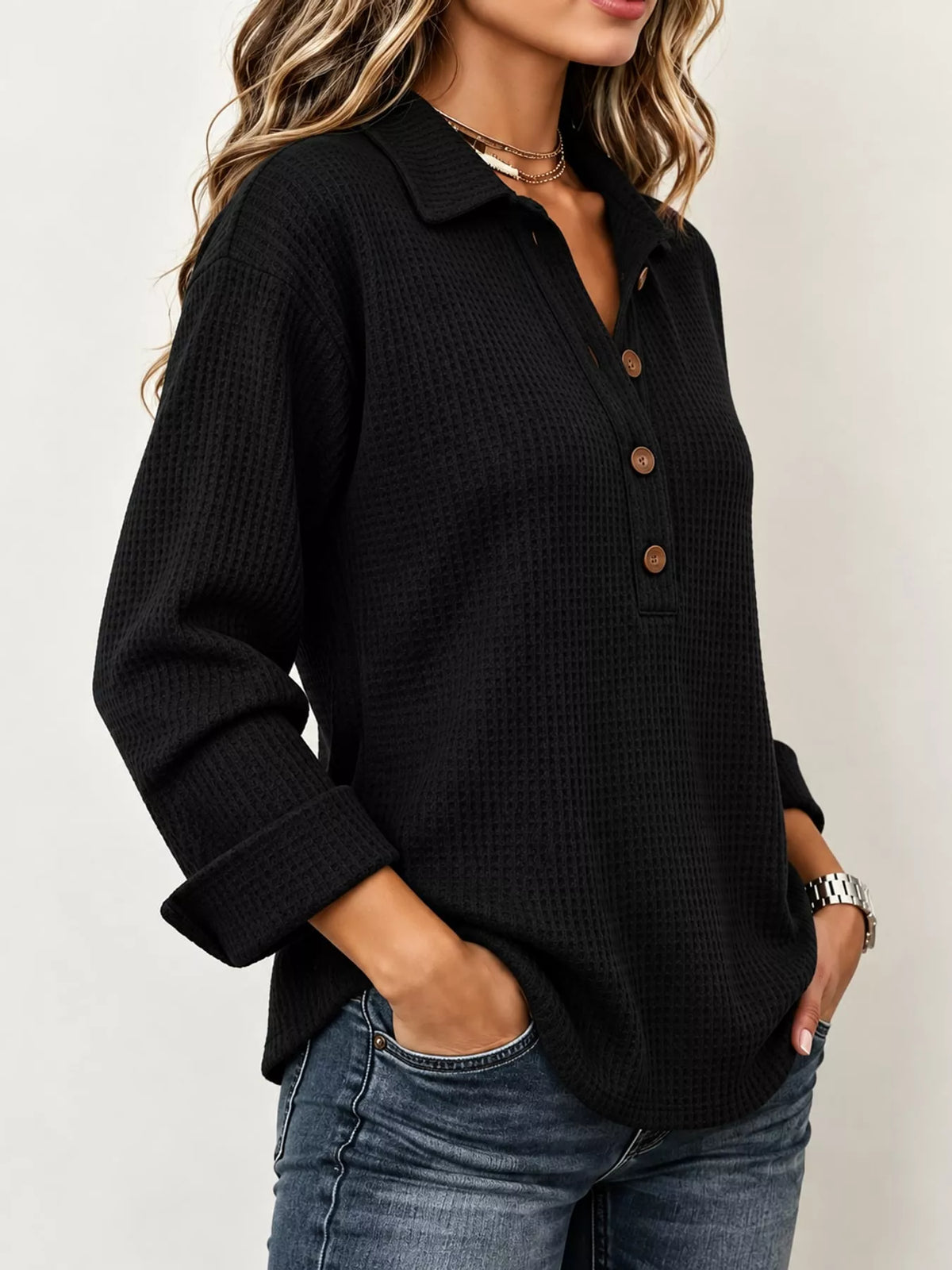 Women's Waffle Knit Long Sleeve Polo Top – view 17
