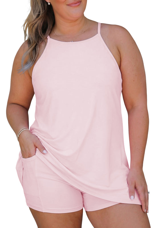 Pink Plus Size Build-in Shorts Sleeveless Dress With Short Two Piece Set  Shop One Place