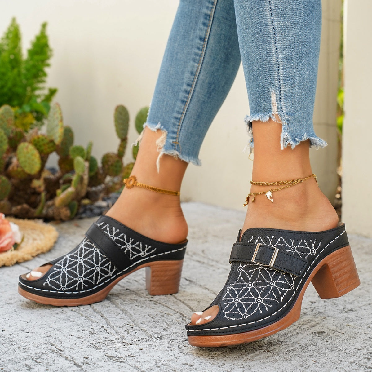 Buckle Decor Block Heel Sandals  Shop One Place