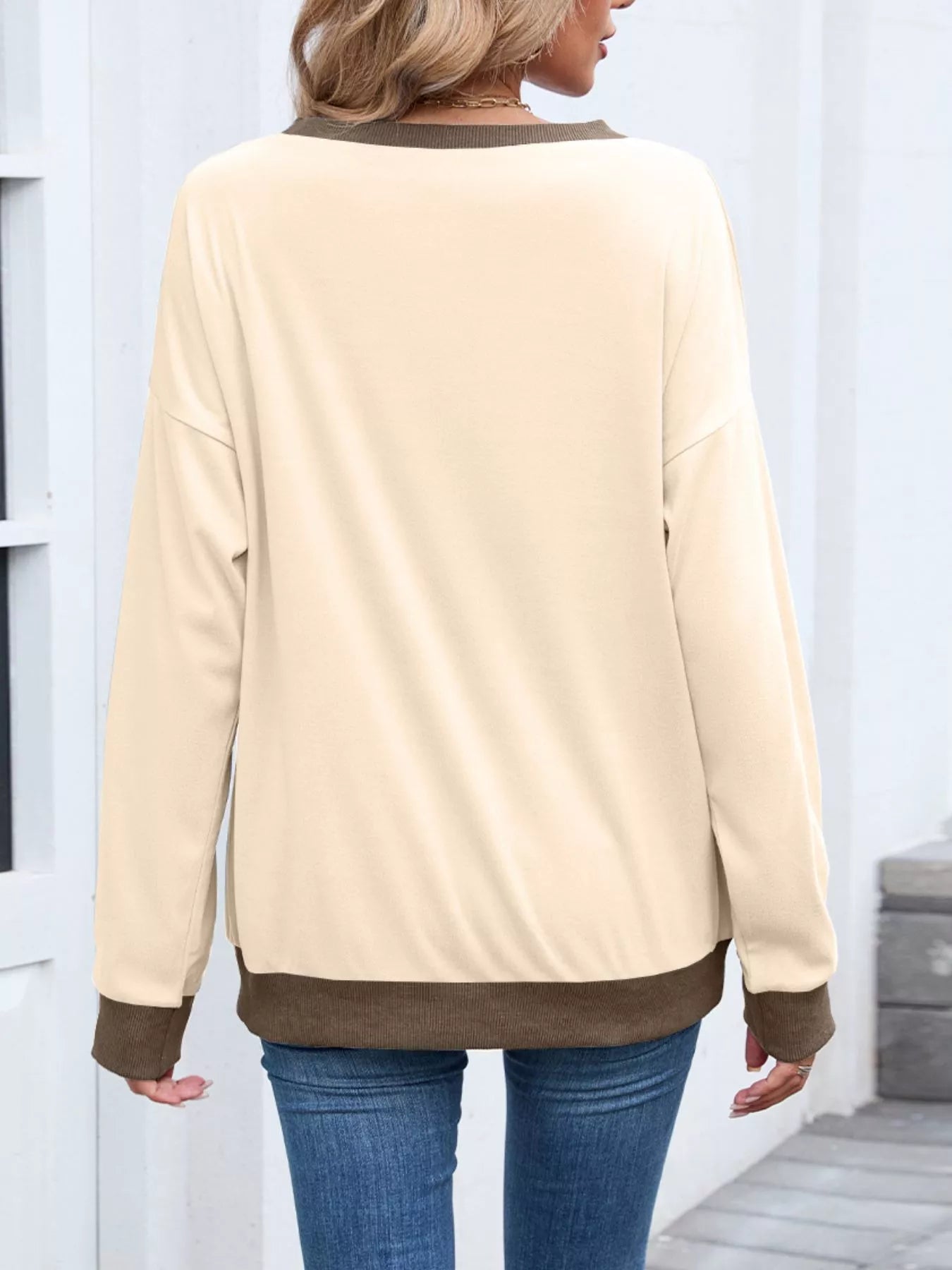 Contrast Trim Long Sleeve Sweatshirt  Shop One Place