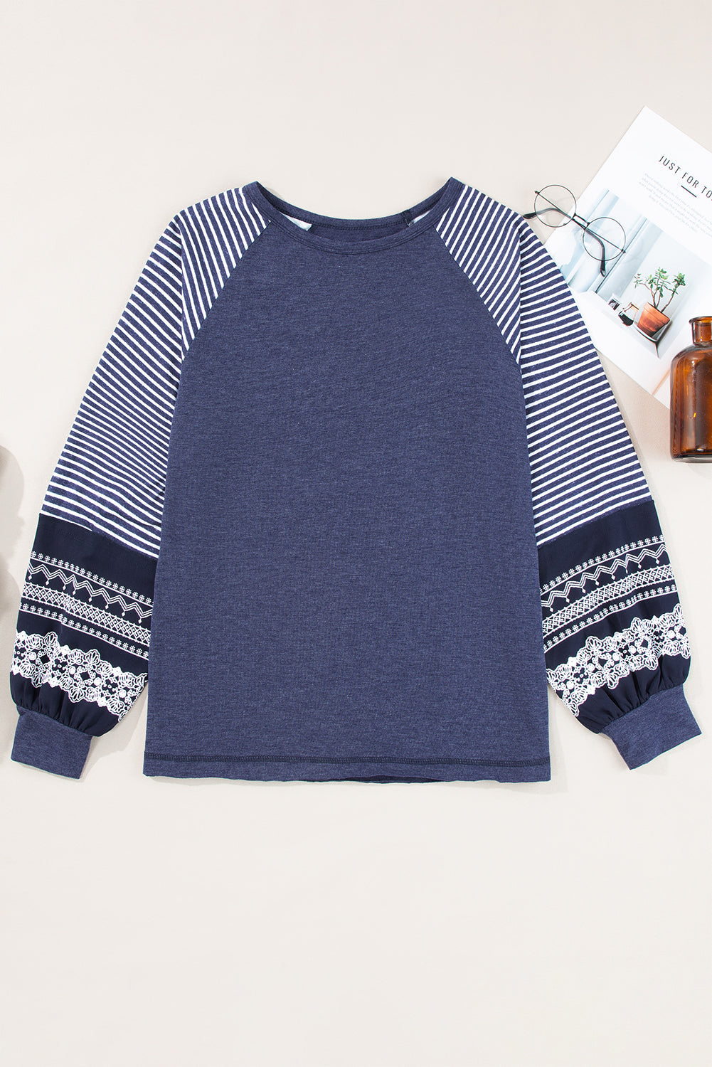 Contrast Print Striped Raglan Long Sleeve Loose Top  Shop One Place