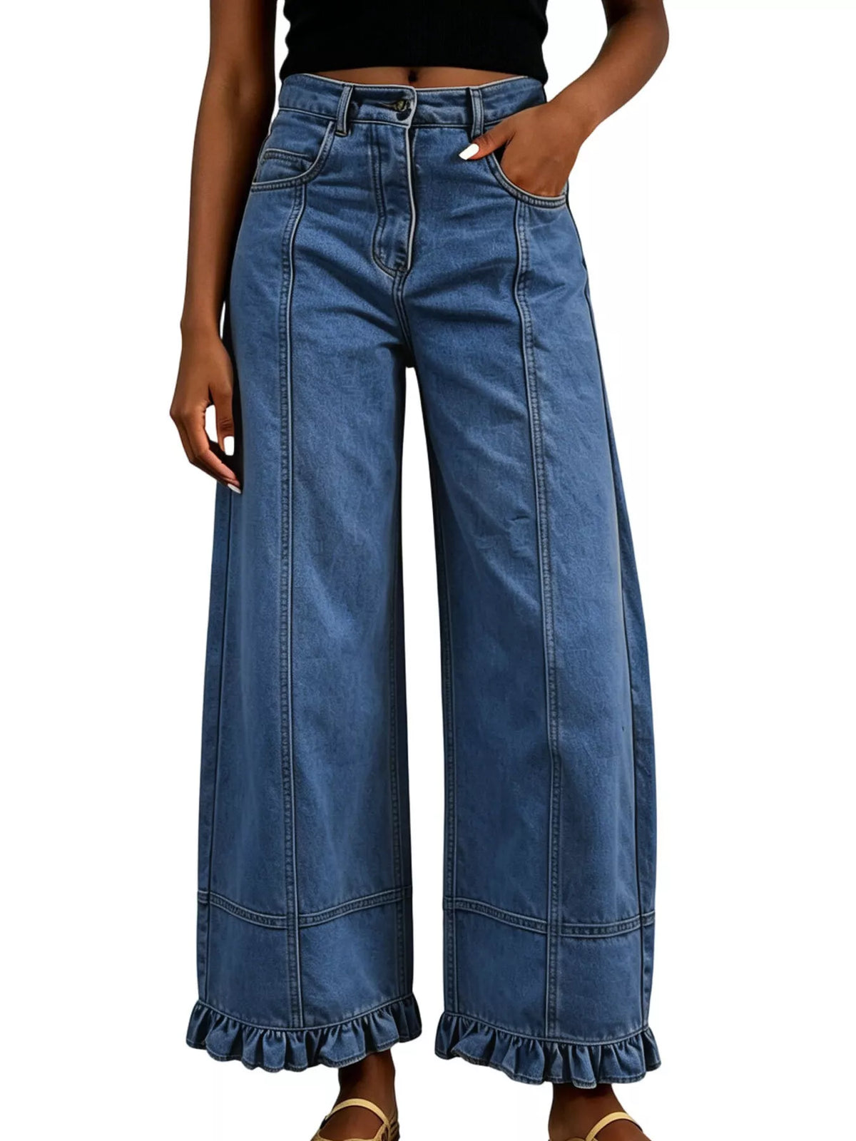 Full Size High-Waisted Wide-Leg Ruffled Hem Jeans Plus Size  Shop One Place