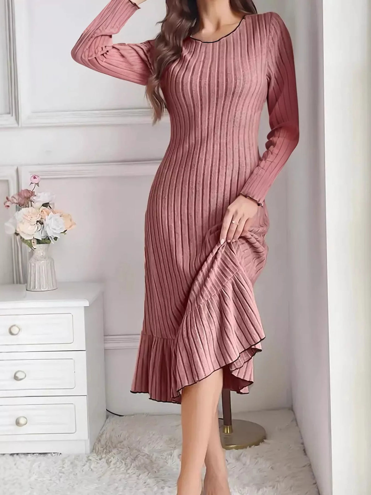 Women's Ribbed Knit Ruffle Hem Bodycon Dress – view 3