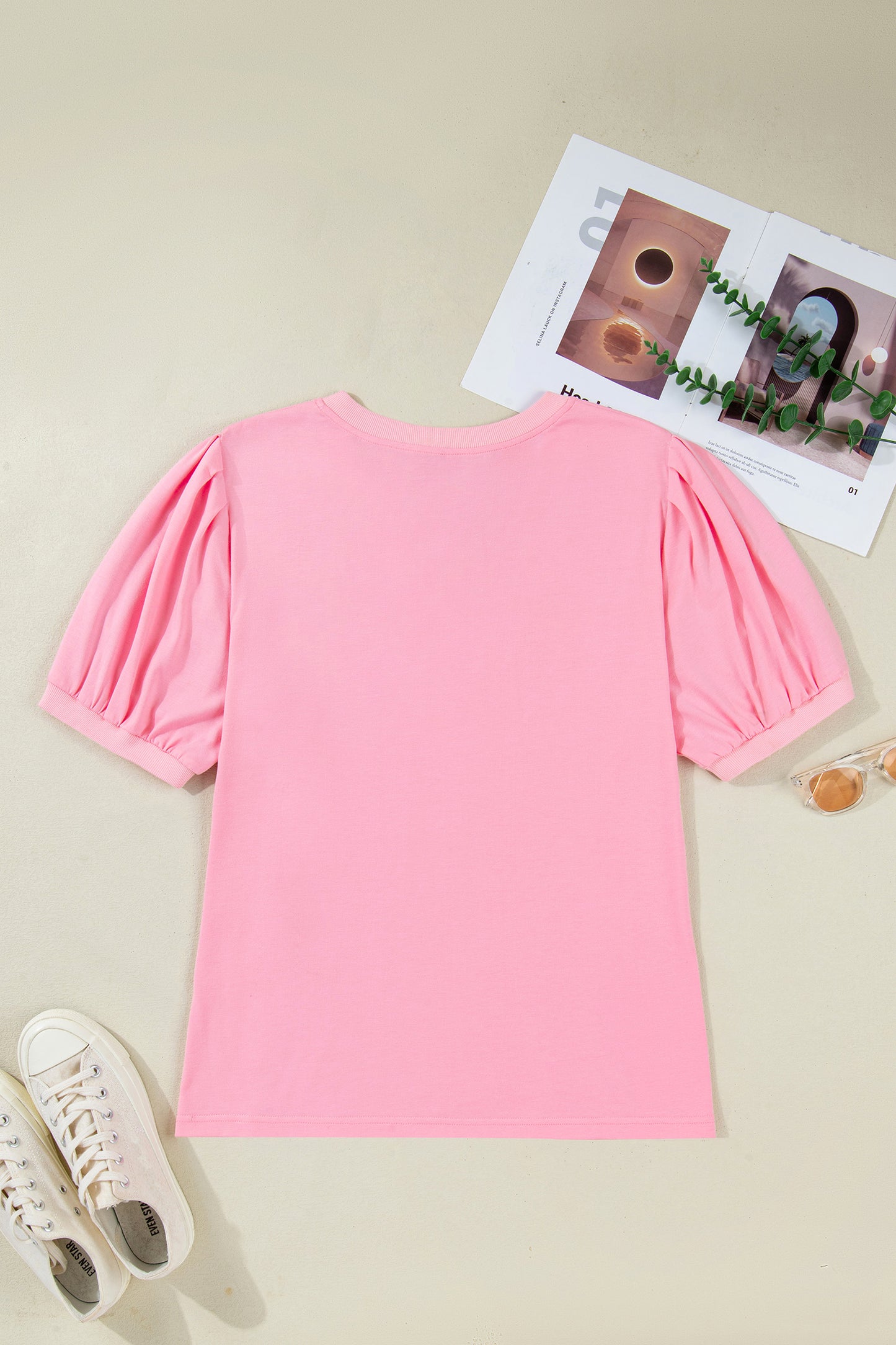 Bonbon V Neck Pleated Short Puff Sleeve Plus Size Blouse  Shop One Place