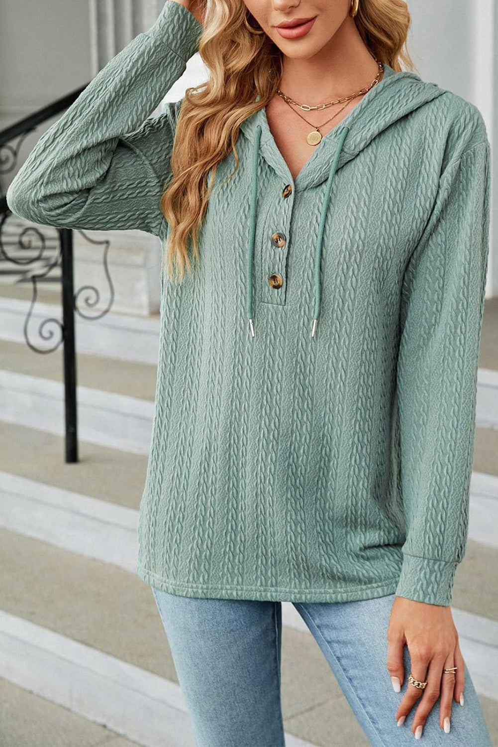 Mint Green Button Front Textured Drawstring Hooded Top