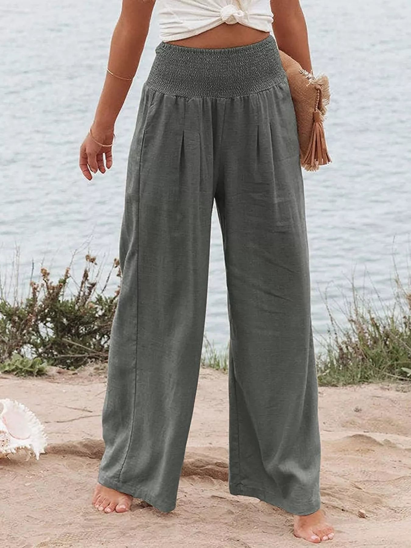 Smocked High Waisted Wide Leg Pants  Shop One Place