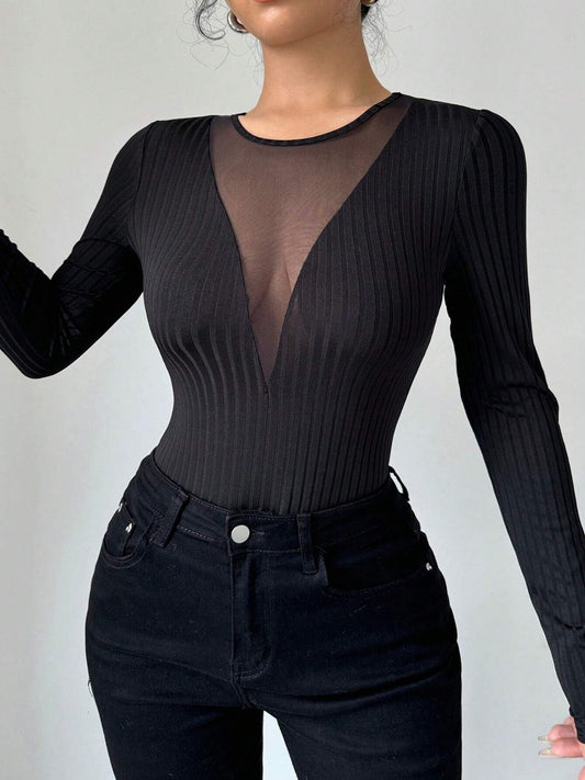 Mesh Detail Round Neck Long Sleeve Top  Shop One Place