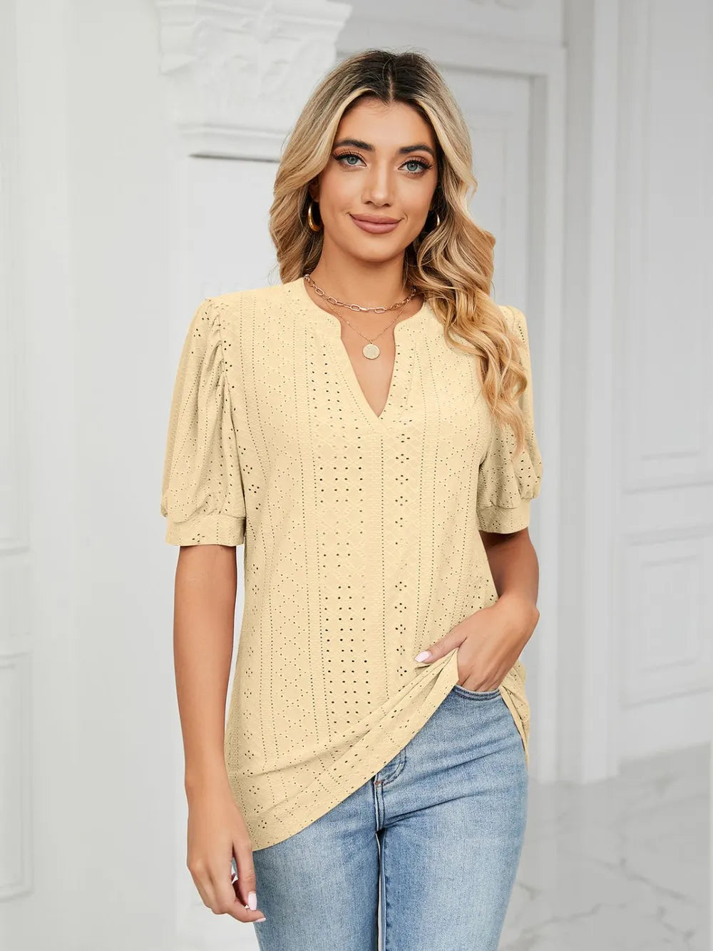 Florira Eyelet Notched Short Sleeve T-Shirt  Shop One Place