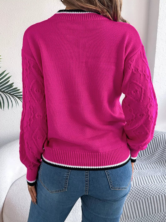 Contrast Trim Round Neck Sweater  Shop One Place
