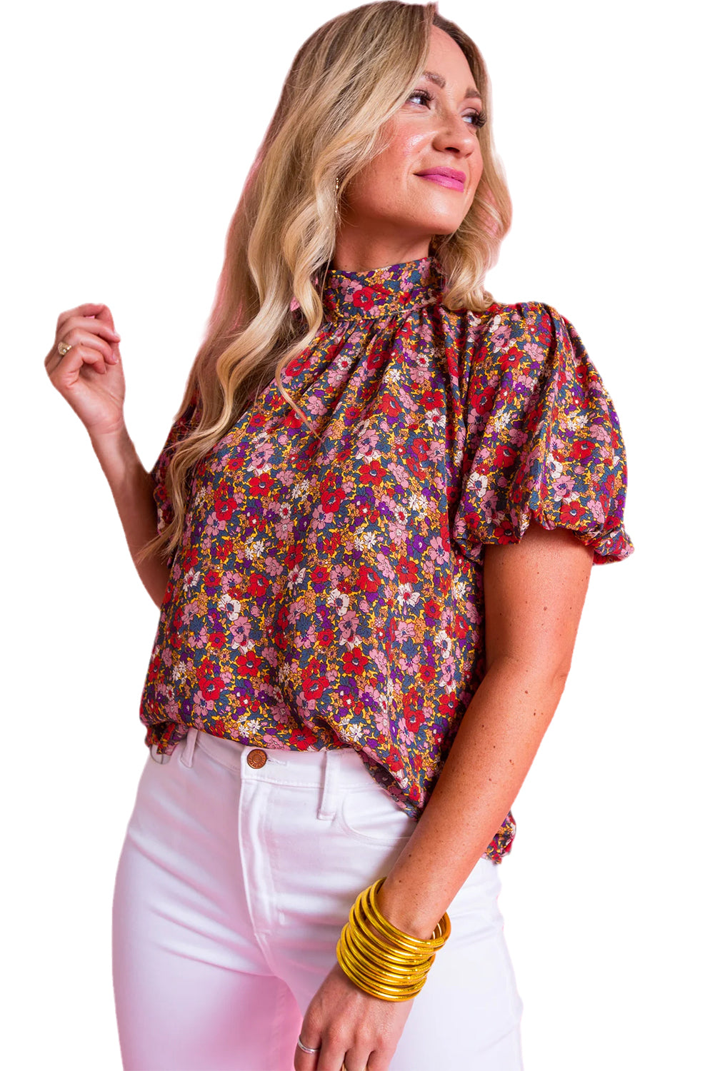 Purple Boho Floral Print Mock Neck Puff Sleeve Blouse