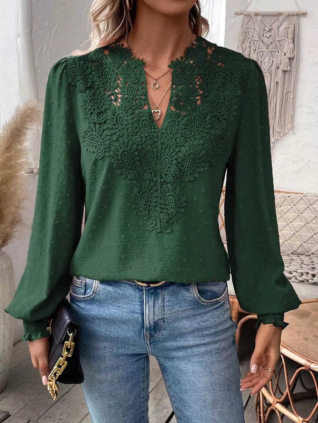 Swiss Dot Lace Detail Long Sleeve Blouse  Shop One Place
