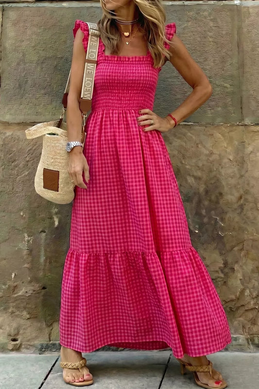 Plaid Square Neck Fit-and-flared Vacation Sundress  Shop One Place