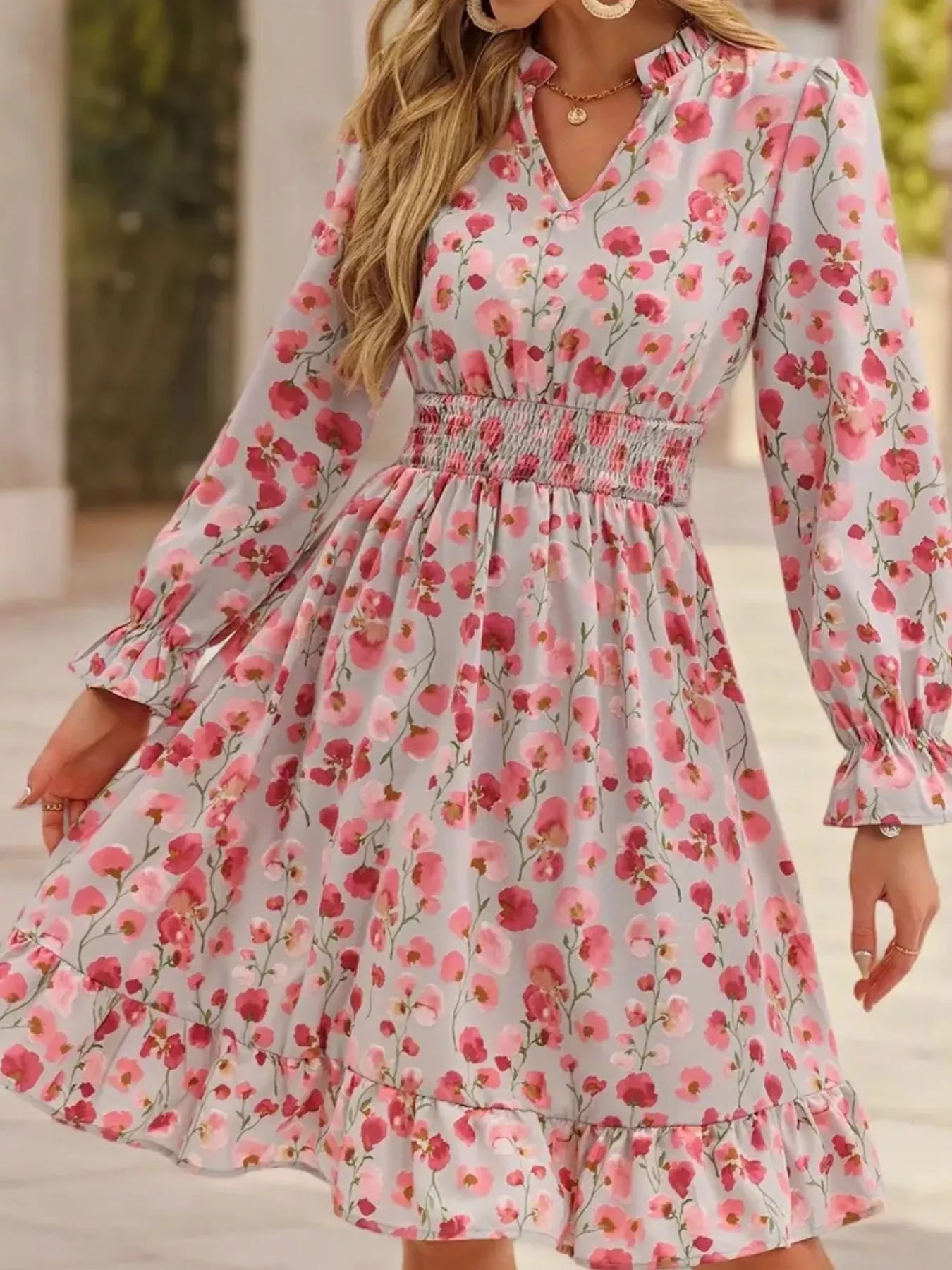 Floral Notched Flounce Sleeve Dress  Shop One Place