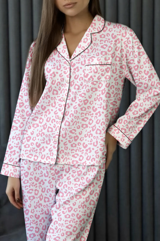 Pink Leopard Print Long Sleeve High Waist Pajama Set