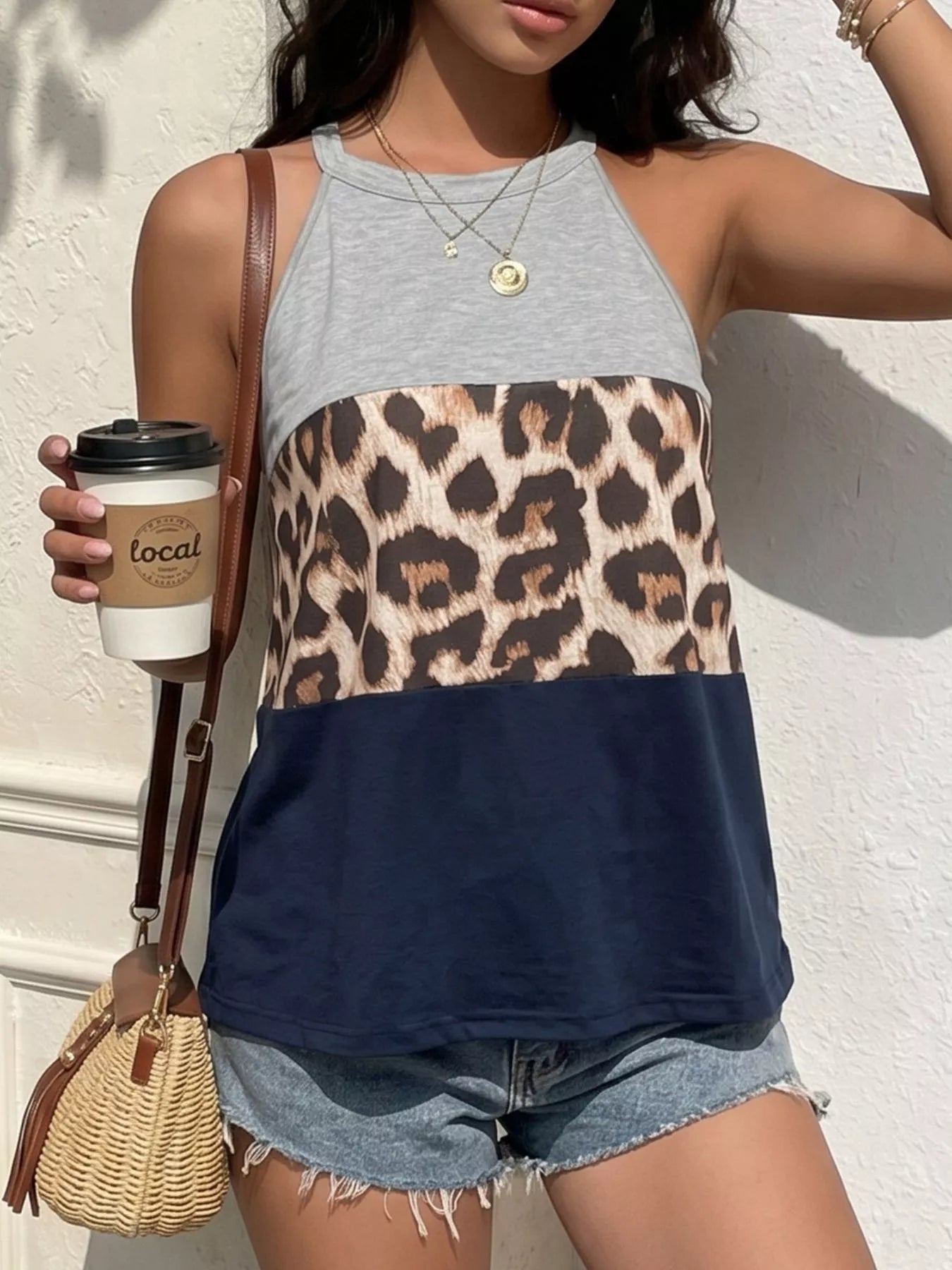 Leopard Print Color Block Tank  Shop One Place