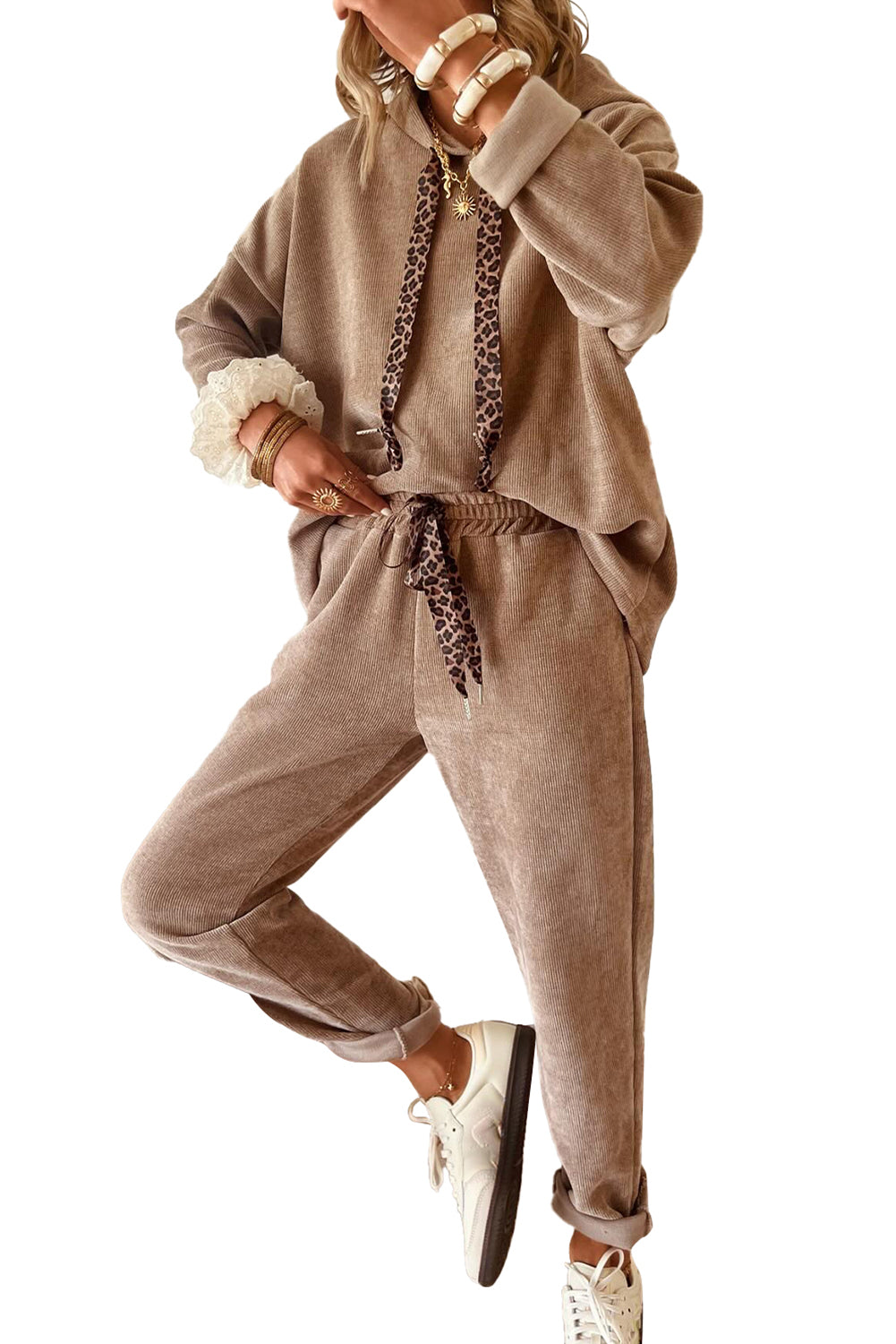 Jet Stream Drawstring Pullover Hoodie and High Waist Pants Corduroy Suit  Shop One Place