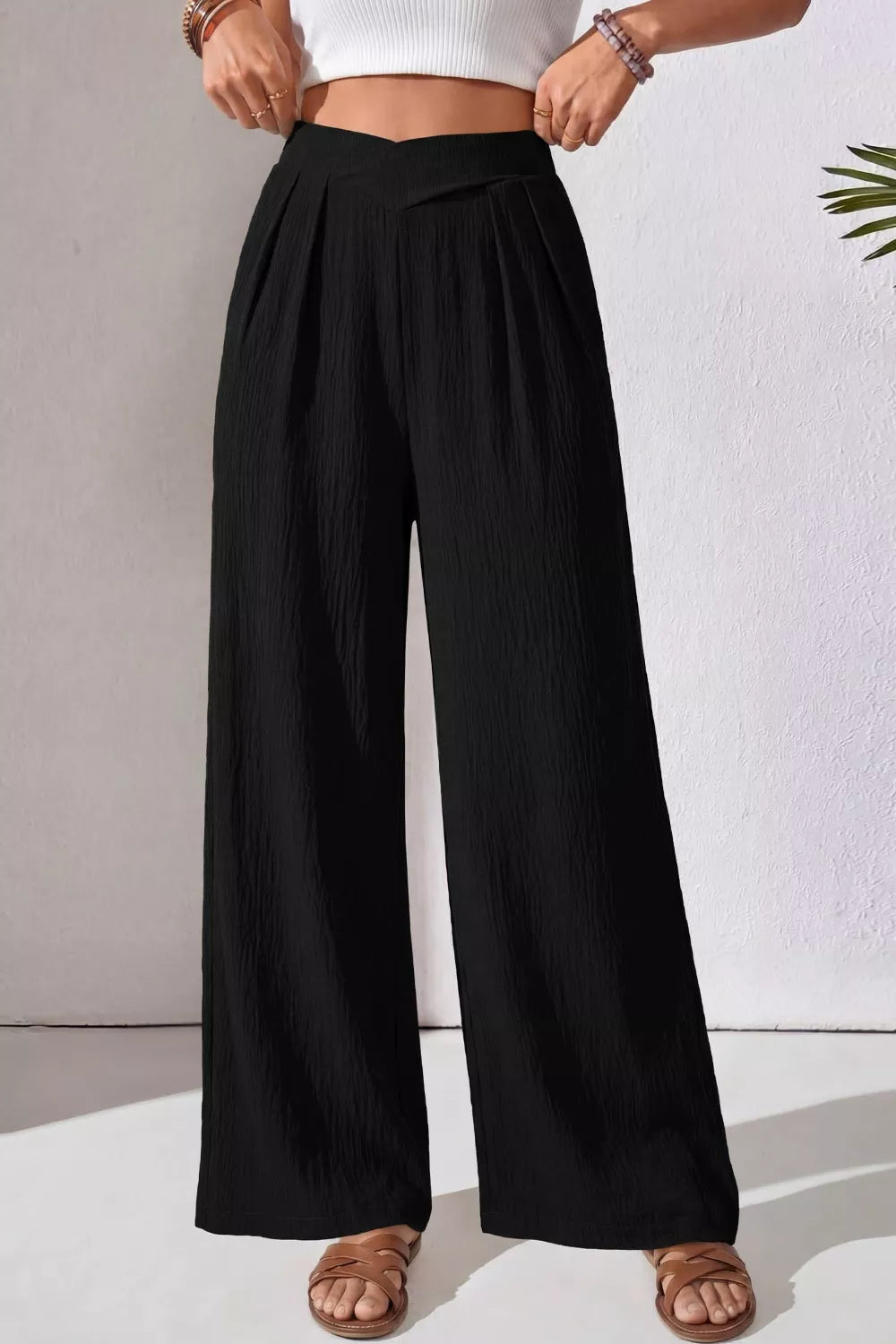 Solid Color Textured Crossed Waist Loose Pants  Shop One Place