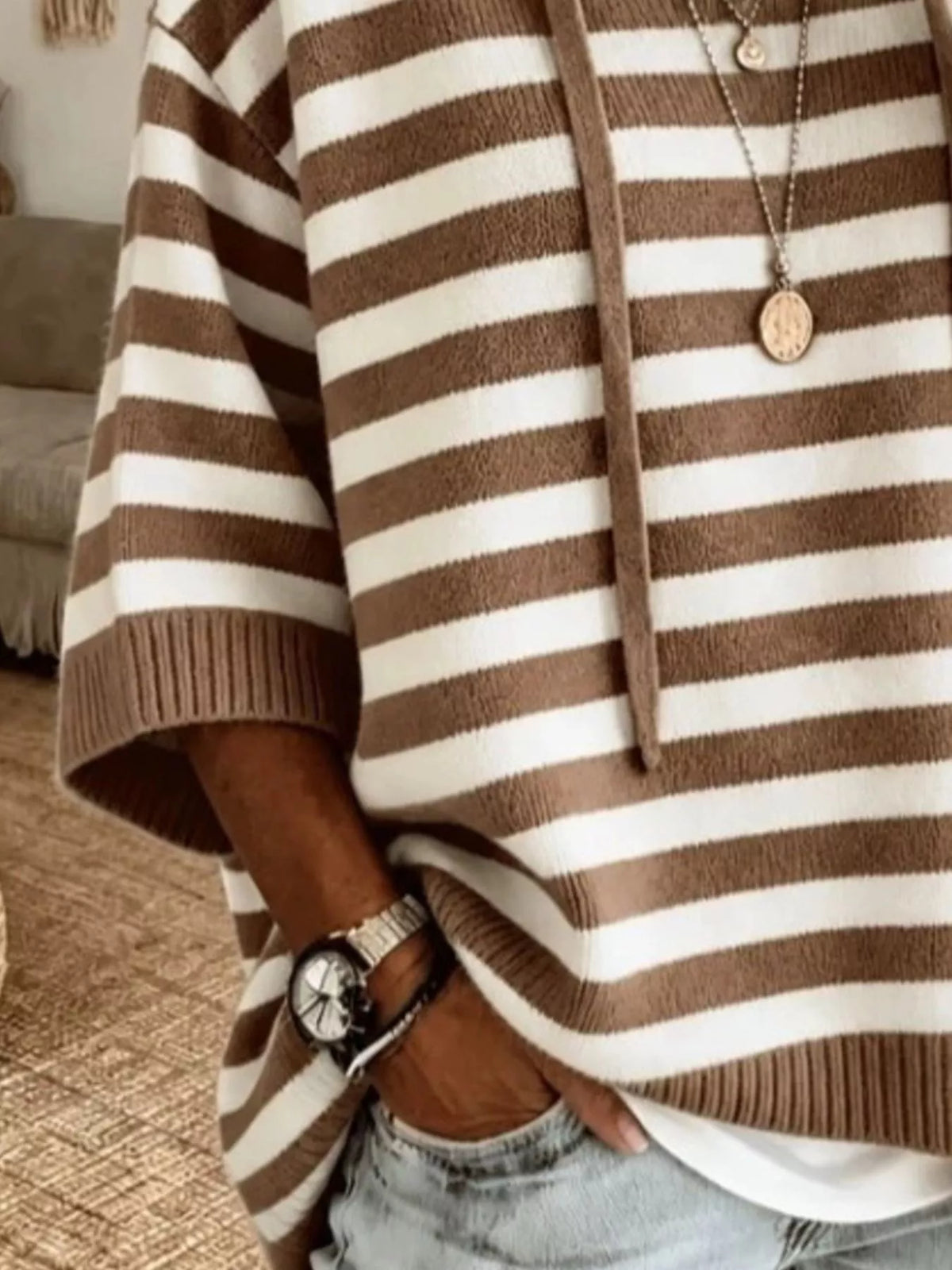 Striped Hooded Knit Sweater in Multicolor