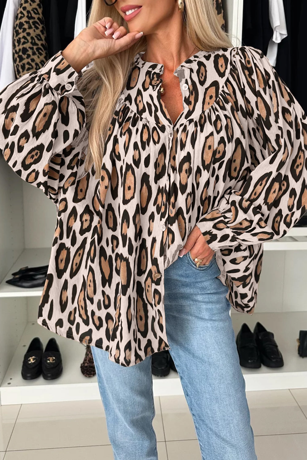 Light French Beige Leopard Print Balloon Sleeve Loose Blouse  Shop One Place