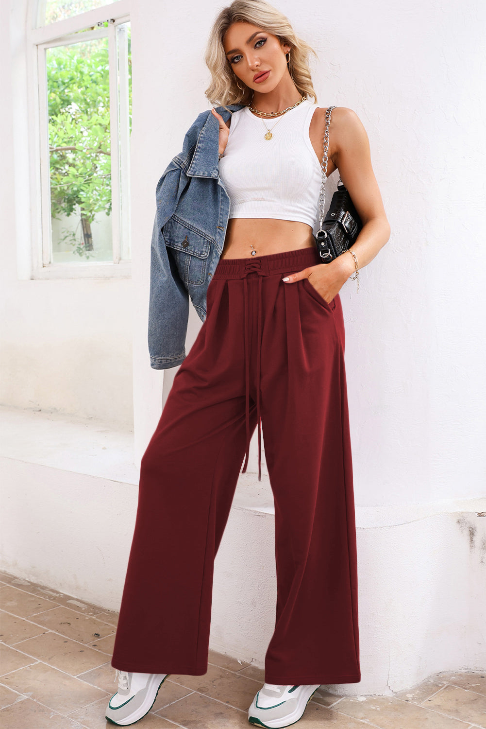 Tied Elastic High Waist Pleated Detail Solid Sweatpants