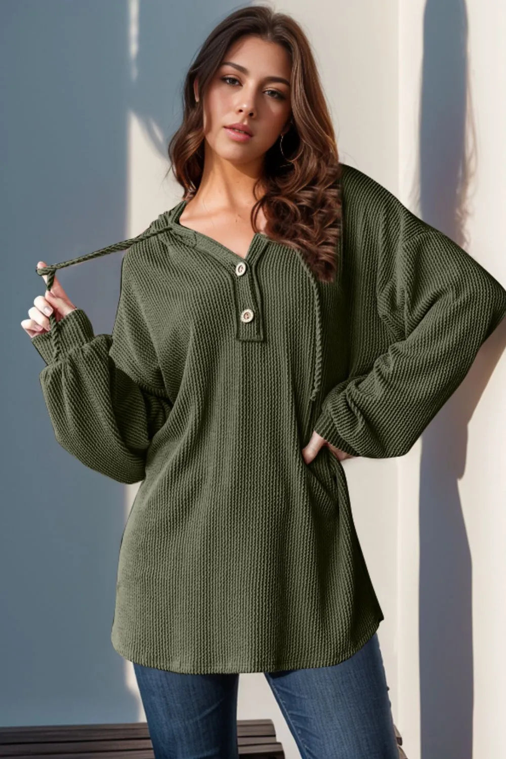Double Take Full Size Half Button Long Sleeve Hoodie  Shop One Place