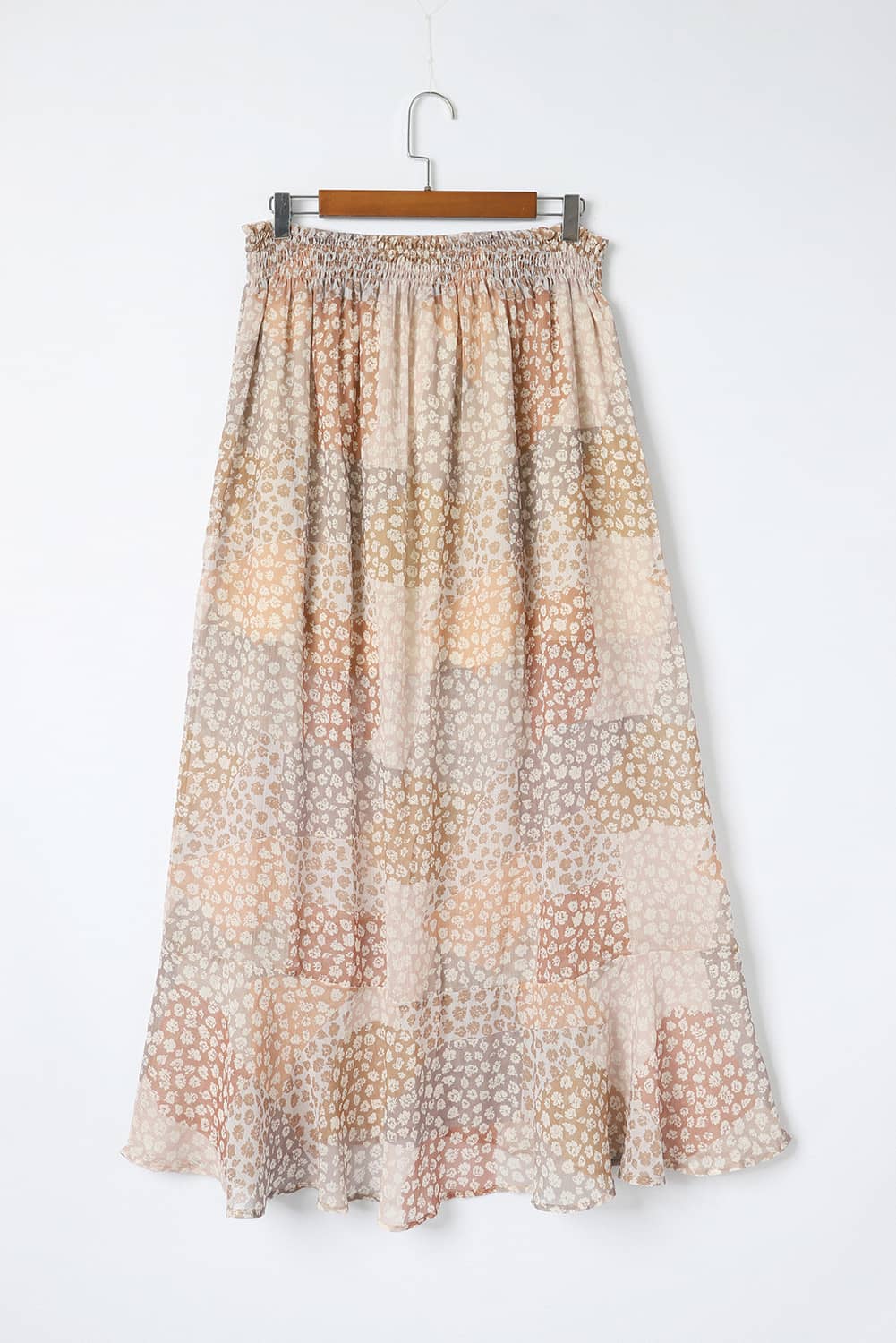 Apricot Boho Flower Print Smocked Waist Button Slit Maxi Skirt