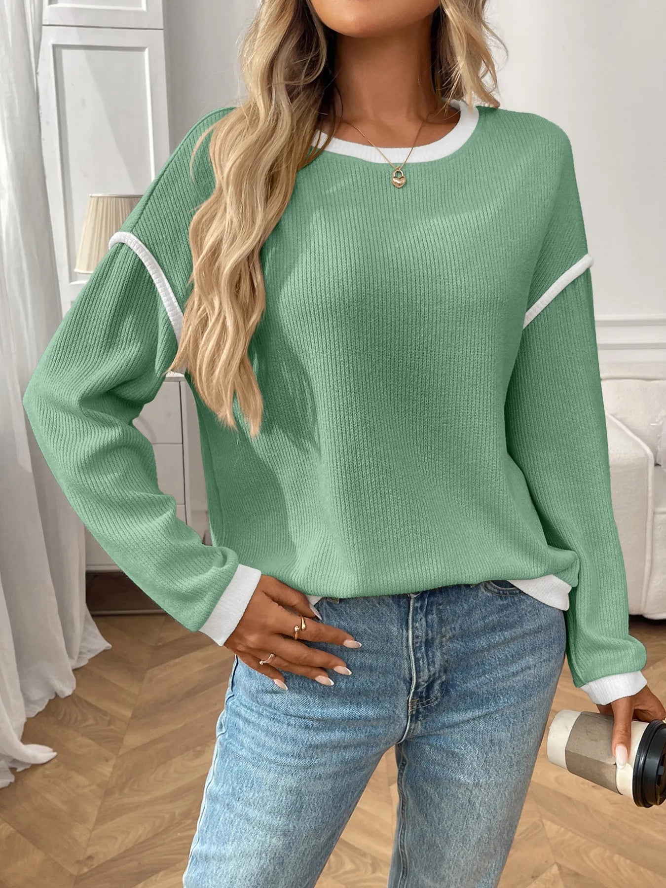 Ribbed Contrast Trim Long Sleeve Top  Shop One Place