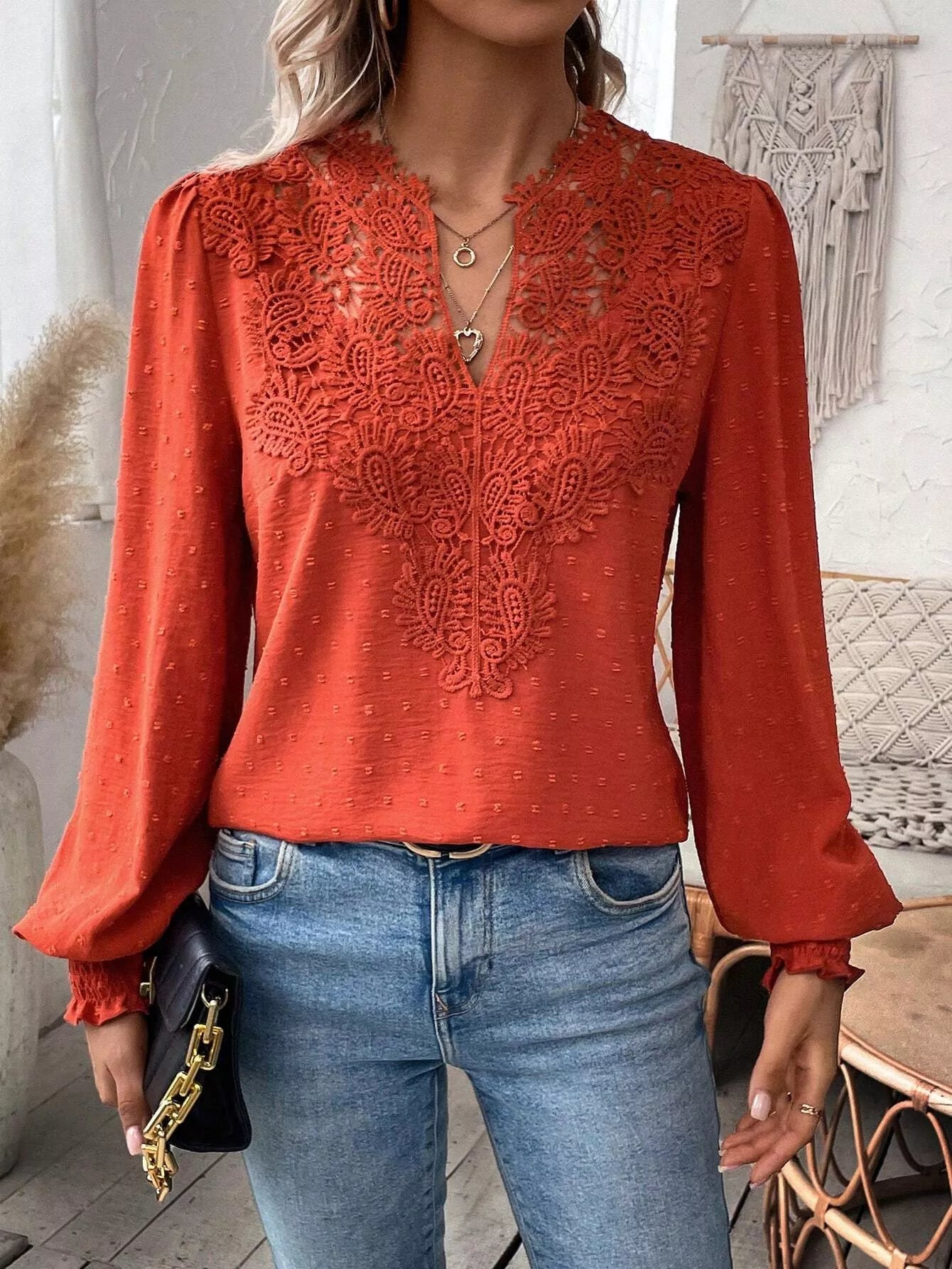 Swiss Dot Lace Detail Long Sleeve Blouse  Shop One Place