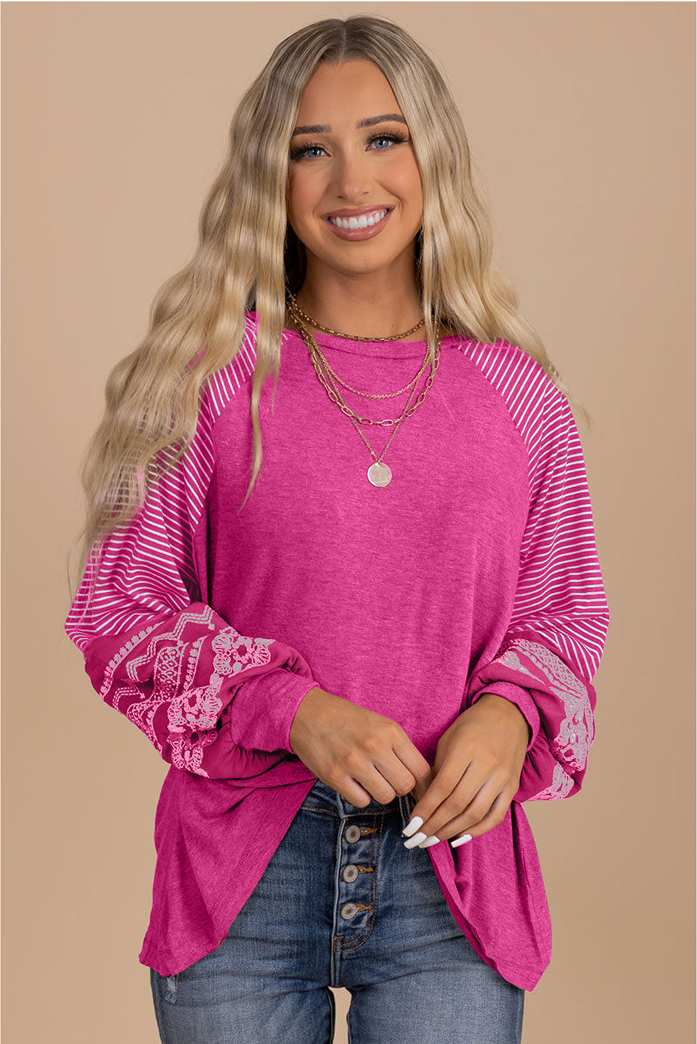 Contrast Print Striped Raglan Long Sleeve Loose Top  Shop One Place