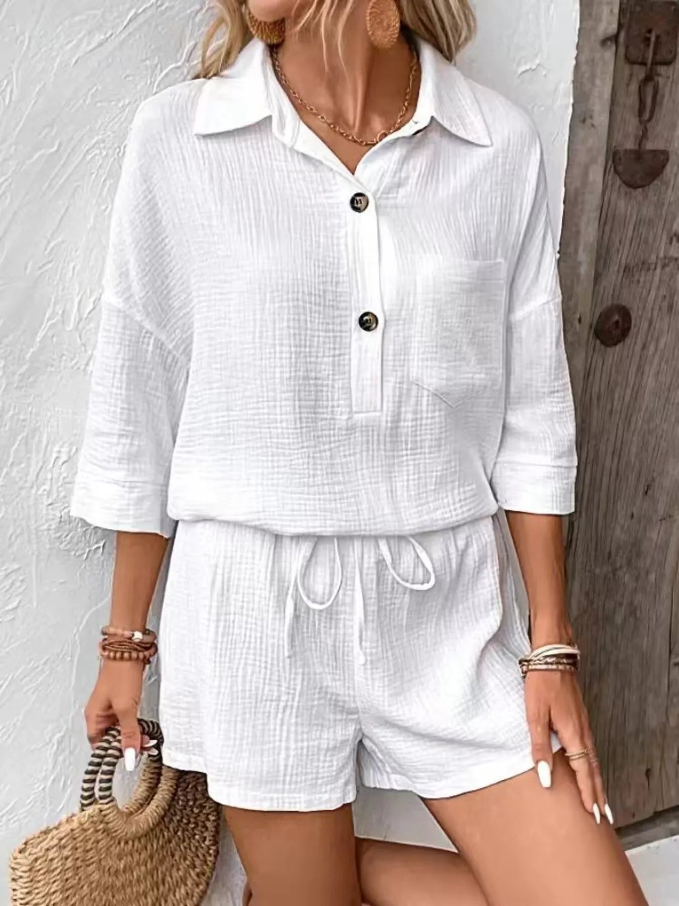 Button Detail Top and Shorts Set  Shop One Place